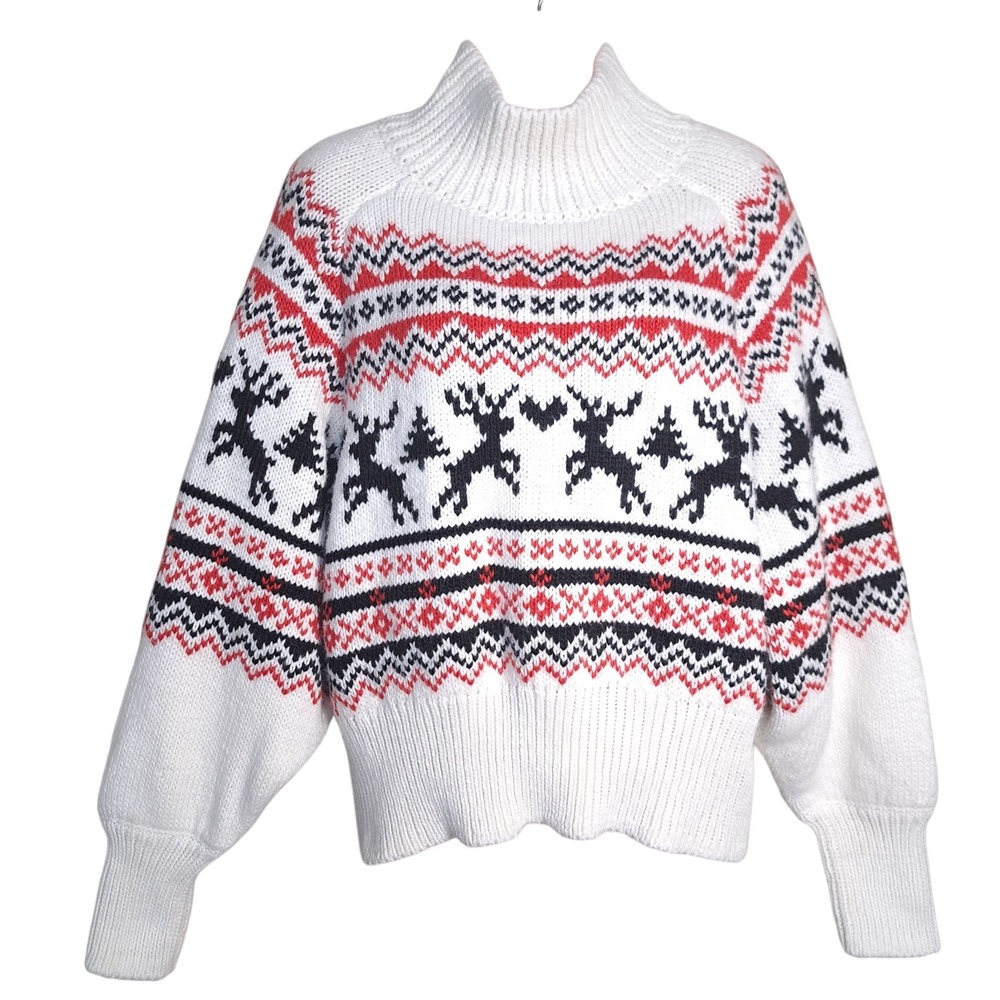 H&M Women's Christmas Sweater‎ Size L Ivory/Black/Red Long Sleeves Turtleneck